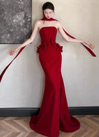 Elegant Burgundy Mermaid Strapless 3D Floral Satin Train Formal Prom Dresses