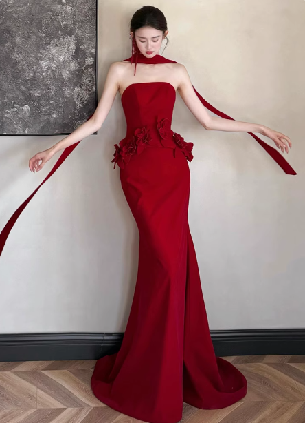 Elegant Burgundy Mermaid Strapless 3D Floral Satin Train Formal Prom Dresses