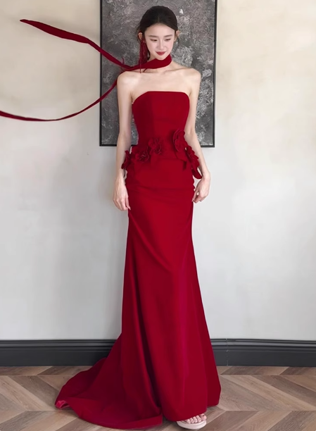 Elegant Burgundy Mermaid Strapless 3D Floral Satin Train Formal Prom Dresses