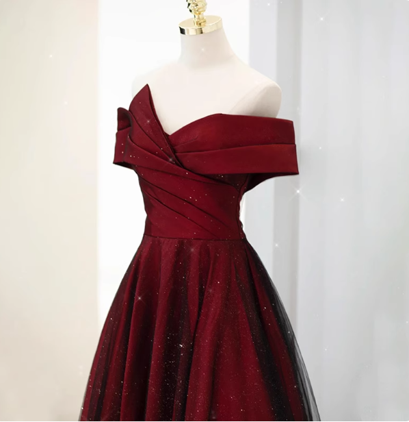 Elegant Burgundy Off-The-Shoulder A-Line Satin Tulle Long Formal Prom Dresses