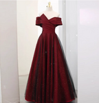 Elegant Burgundy Off-The-Shoulder A-Line Satin Tulle Long Formal Prom Dresses