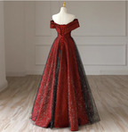 Elegant Burgundy Off-The-Shoulder A-Line Satin Tulle Long Formal Prom Dresses