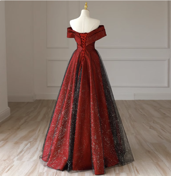 Elegant Burgundy Off-The-Shoulder A-Line Satin Tulle Long Formal Prom Dresses