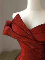 Elegant Burgundy Off-The-Shoulder A-Line Satin Tulle Long Formal Prom Dresses