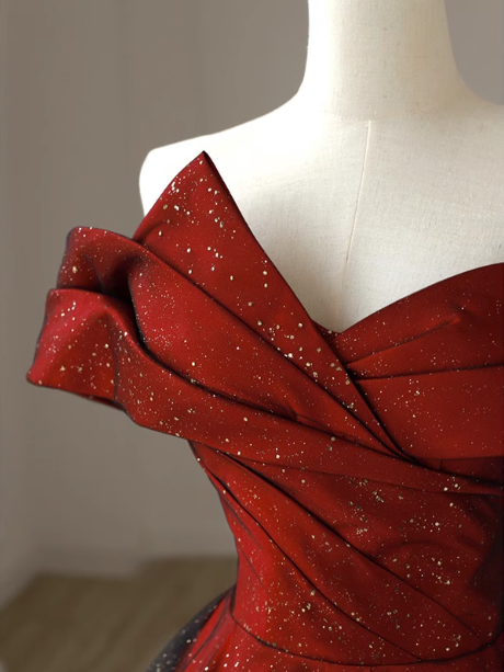 Elegant Burgundy Off-The-Shoulder A-Line Satin Tulle Long Formal Prom Dresses