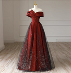 Elegant Burgundy Off-The-Shoulder A-Line Satin Tulle Long Formal Prom Dresses
