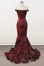 Elegant Burgundy Off-the-shoulder Mermaid Formal Prom Dresses