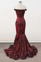 Elegant Burgundy Off-the-shoulder Mermaid Prom Dresses