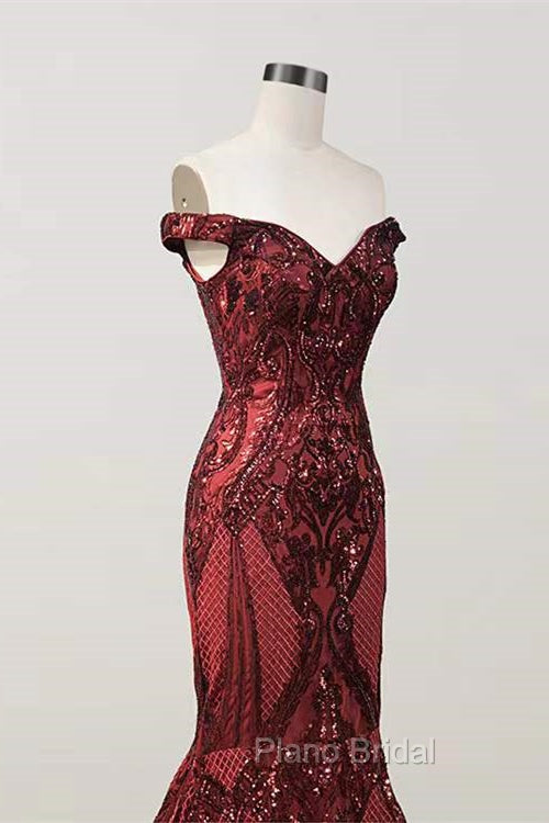 Elegant Burgundy Off-the-shoulder Mermaid Formal Prom Dresses