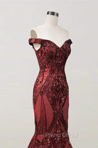 Elegant Burgundy Off-the-shoulder Mermaid Formal Prom Dresses