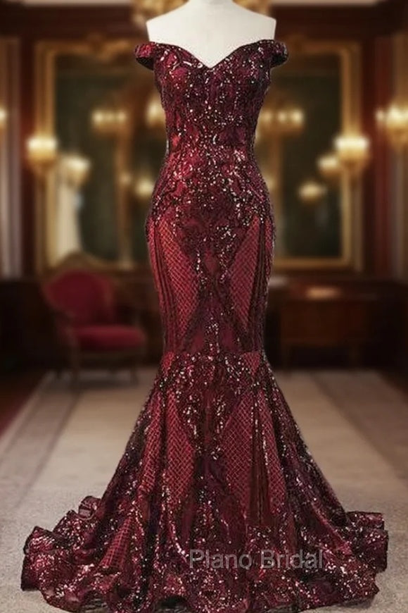 Elegant Burgundy Off-the-shoulder Mermaid Formal Prom Dresses Main image