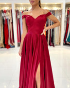 Elegant Burgundy Off-The-Shoulder Prom Dress Long With Split