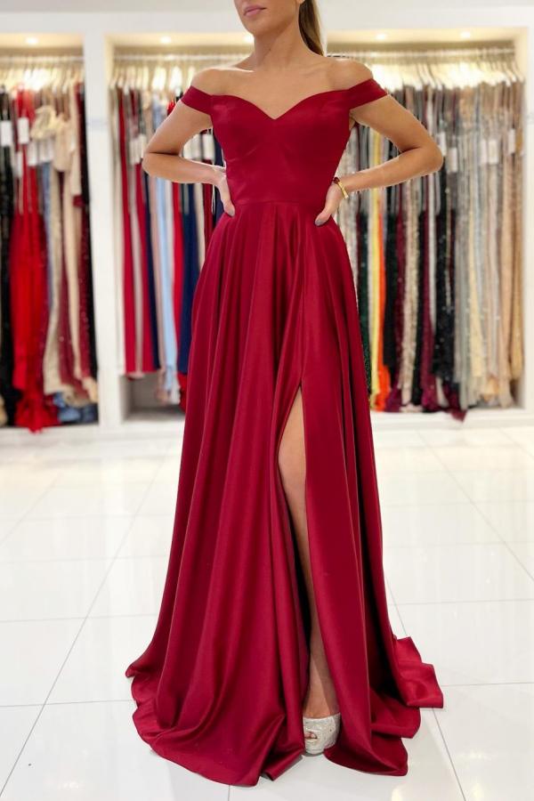 Elegant Burgundy Off-The-Shoulder Prom Dress Long With Split Main image
