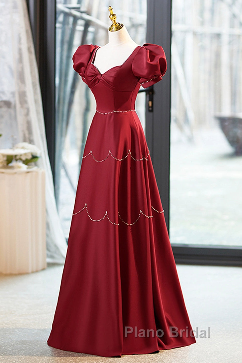 Elegant Burgundy Satin Long Formal Prom Dresses With Beaded, Burgundy Short Sleeve Evening Dresses