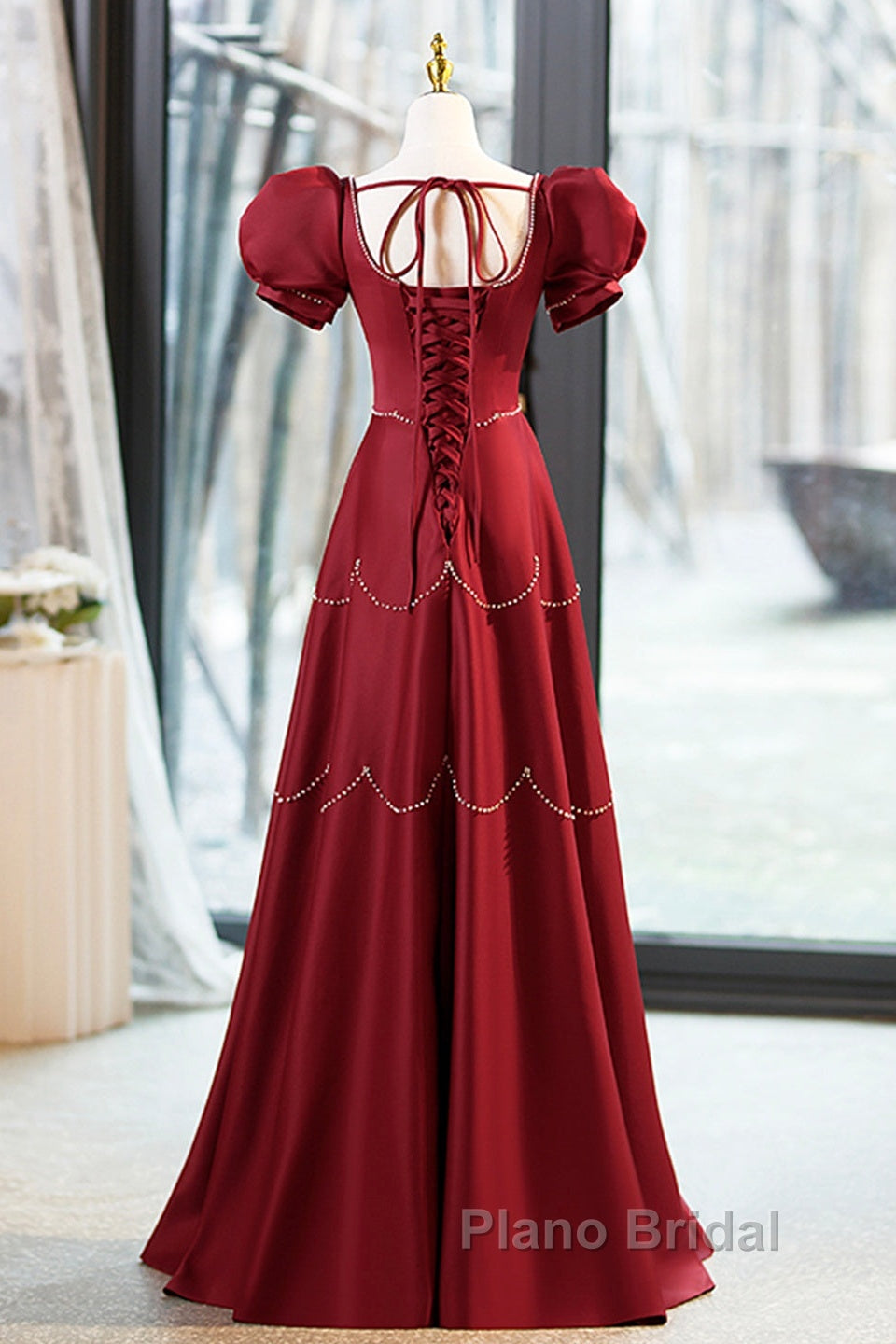Elegant Burgundy Satin Long Formal Prom Dresses With Beaded, Burgundy Short Sleeve Evening Dresses