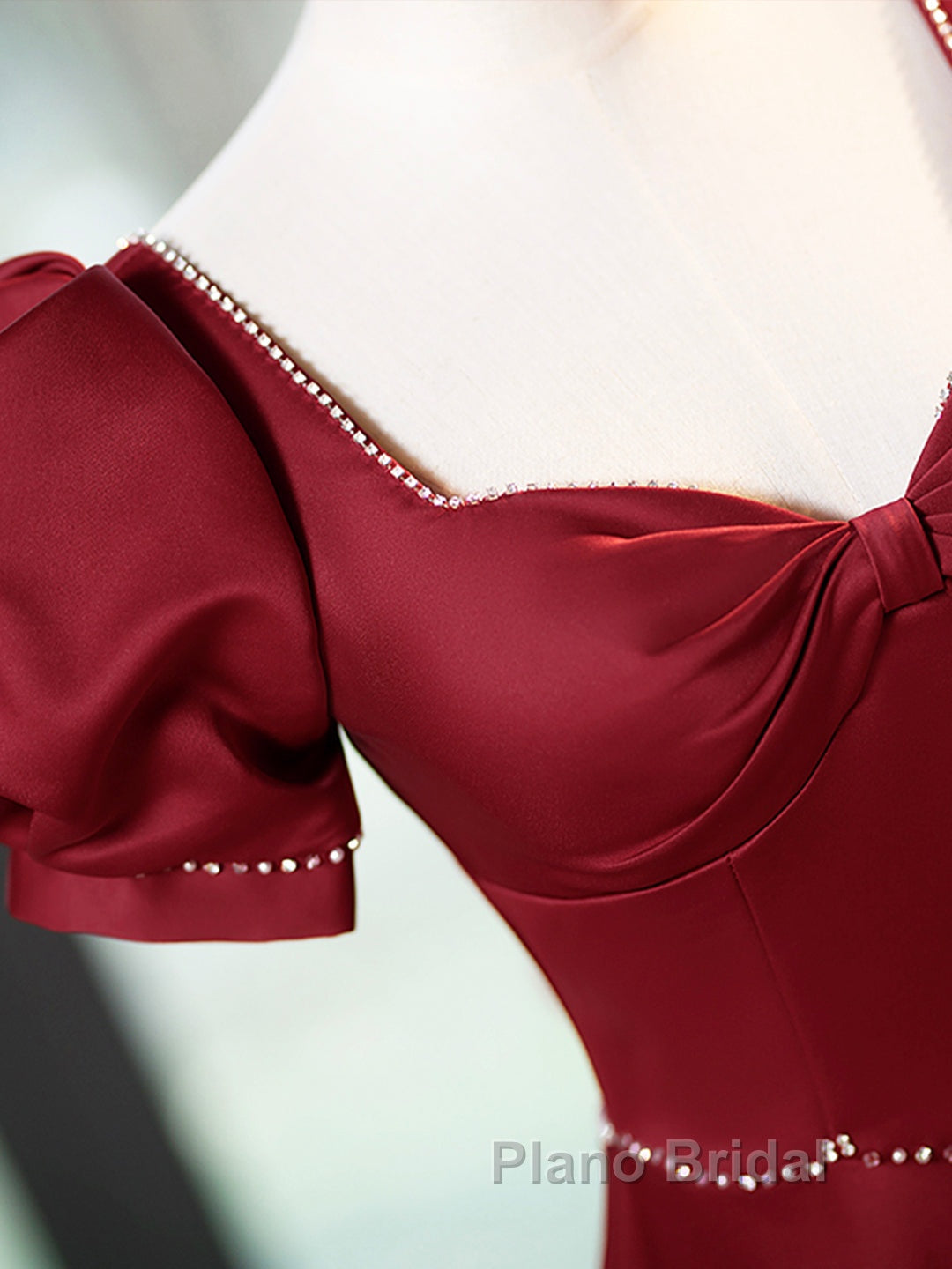 Elegant Burgundy Satin Long Formal Prom Dresses With Beaded, Burgundy Short Sleeve Evening Dresses
