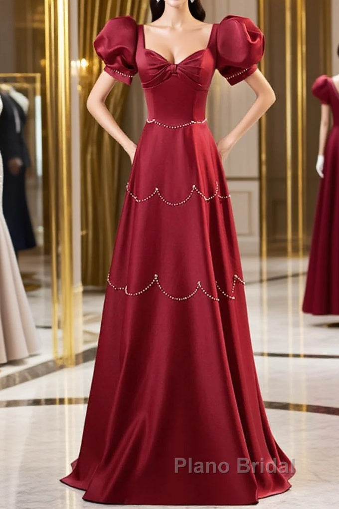 Elegant Burgundy Satin Long Formal Prom Dresses With Beaded, Burgundy Short Sleeve Evening Dresses Main image
