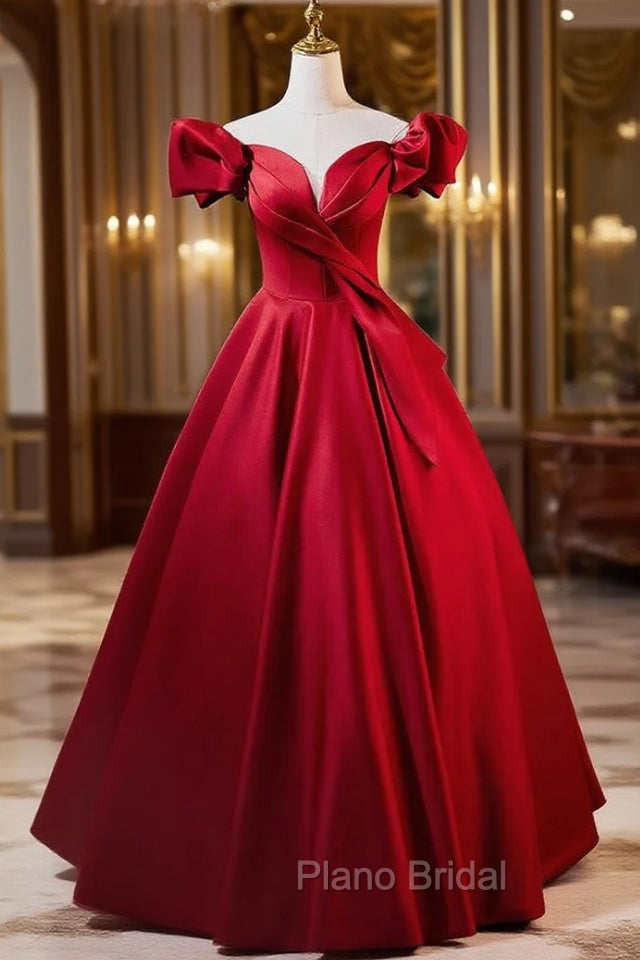 Elegant Burgundy Satin Off the Shoulder Pleats Formal Prom Dresses Main image
