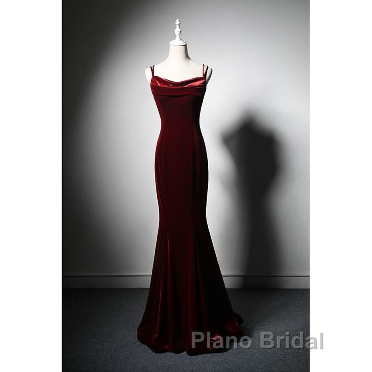 Elegant Burgundy Spaghetti Straps Velvet Mermaid Formal Prom Dresses Evening Dresses Secondary image
