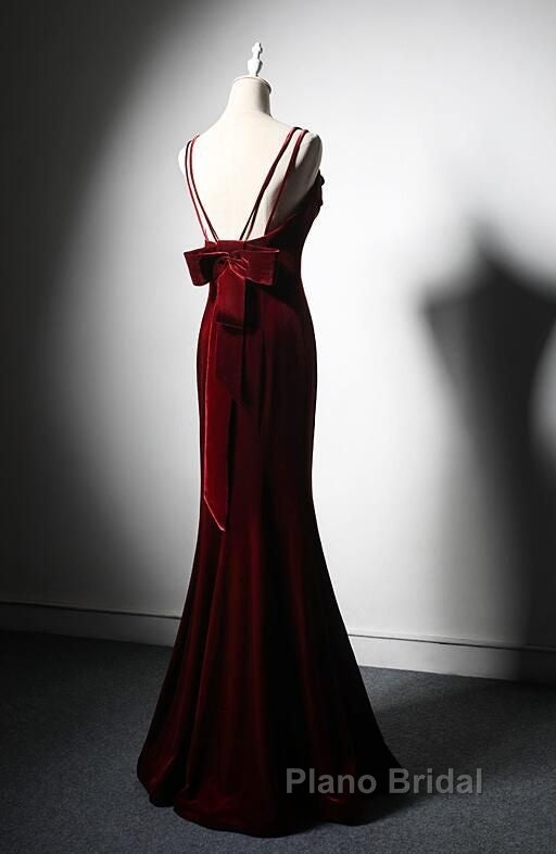 Elegant Burgundy Spaghetti Straps Velvet Mermaid Formal Prom Dresses Evening Dresses