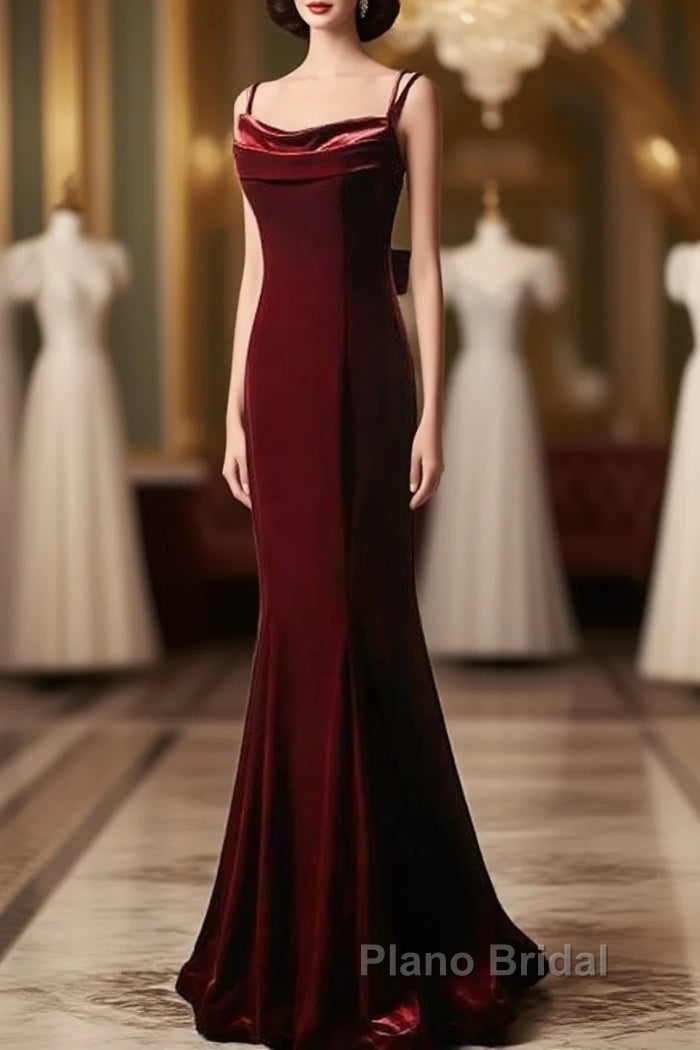 Elegant Burgundy Spaghetti Straps Velvet Mermaid Formal Prom Dresses Evening Dresses Main image