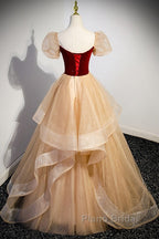 Elegant Burgundy Sparkling Sequin Square Neck Fluffy Short Sleeved Ball Dresses, Burgundy Princess Sheer Backless Strap, Floor Length Layered Ruffle Edge Formal Prom Dresses