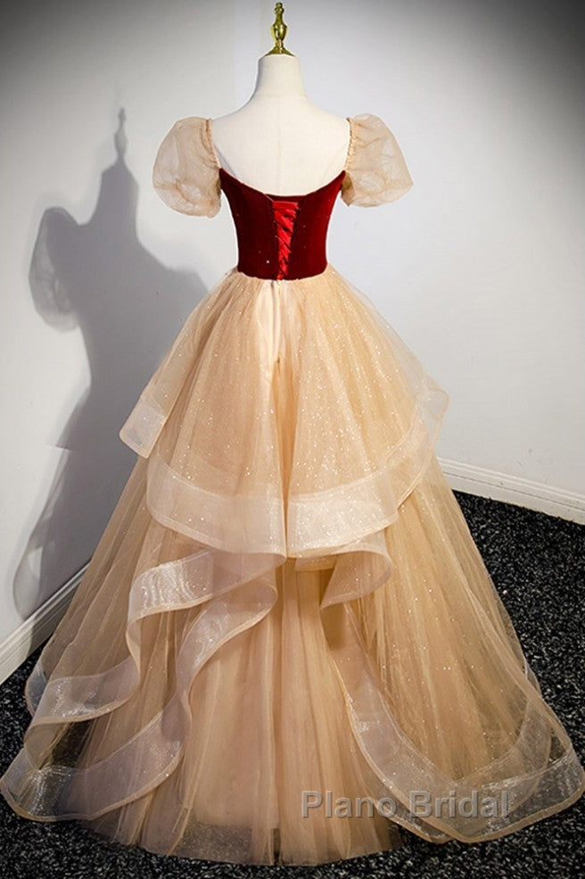 Elegant Burgundy Sparkling Sequin Square Neck Fluffy Short Sleeved Ball Dresses, Burgundy Princess Sheer Backless Strap, Floor Length Layered Ruffle Edge Formal Prom Dresses