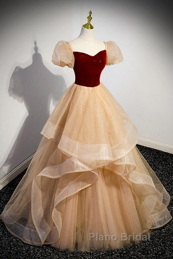 Elegant Burgundy Sparkling Sequin Square Neck Fluffy Short Sleeved Ball Dresses, Burgundy Princess Sheer Backless Strap, Floor Length Layered Ruffle Edge Formal Prom Dresses