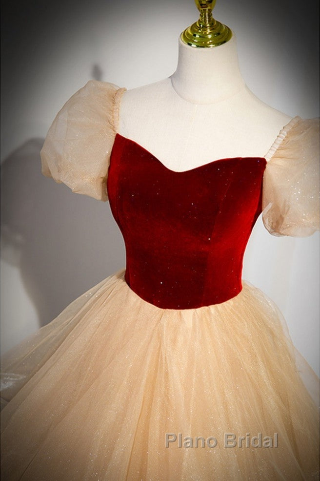 Elegant Burgundy Sparkling Sequin Square Neck Fluffy Short Sleeved Ball Dresses, Burgundy Princess Sheer Backless Strap, Floor Length Layered Ruffle Edge Formal Prom Dresses