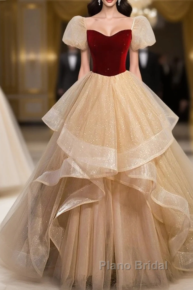 Elegant Burgundy Sparkling Sequin Square Neck Fluffy Short Sleeved Ball Dresses, Burgundy Princess Sheer Backless Strap, Floor Length Layered Ruffle Edge Formal Prom Dresses Main image