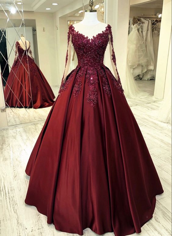 Elegant Burgundy Wedding Dresses Lace Long Sleeves Ball Gown Sheer Neckline For Women Formal Prom Dresses, Formal Evening Dresses