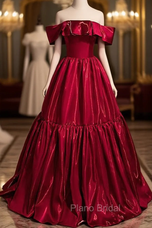 Elegant Burugndy Satin Off the Shoulder Formal Prom Dresses Main image