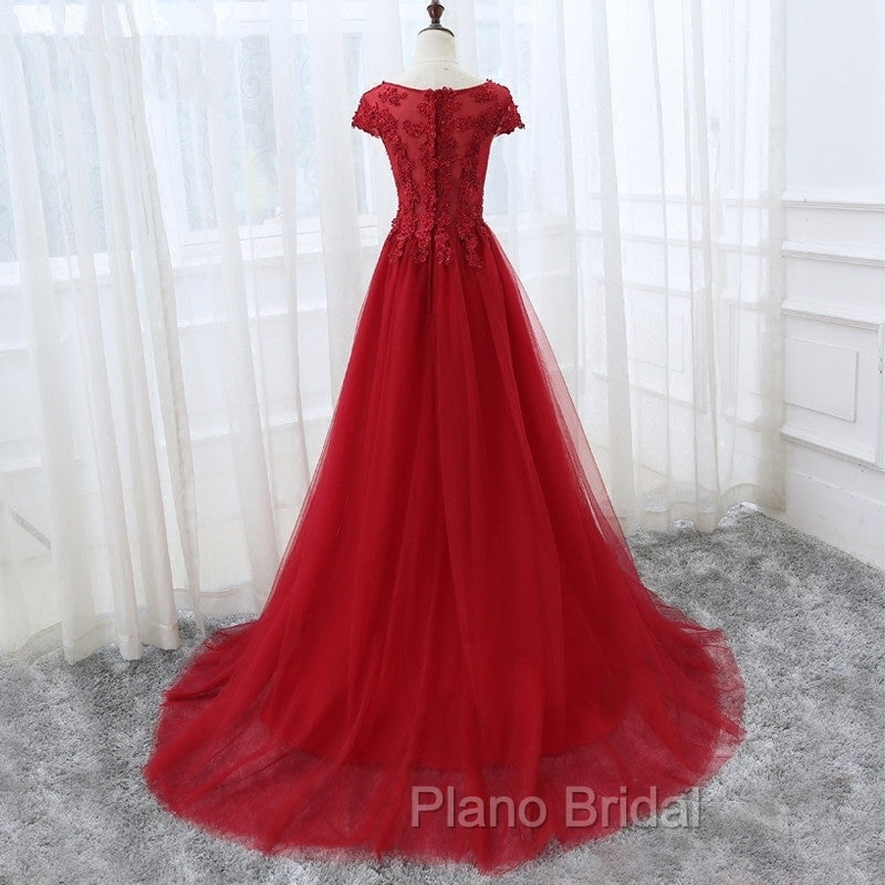 Elegant Cap Sleeve Lace Applique Tulle Party Dresses, Formal Prom Gowns Secondary image