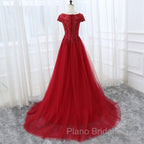 Elegant Cap Sleeve Lace Applique Tulle Party Dresses, Formal Prom Gowns