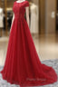 Elegant Cap Sleeve Lace Applique Tulle Party Dresses, Formal Prom Gowns