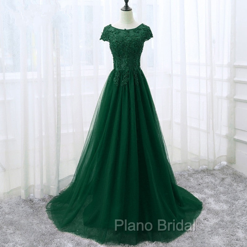 Elegant Cap Sleeve Lace Applique Tulle Party Dresses, Formal Prom Gowns
