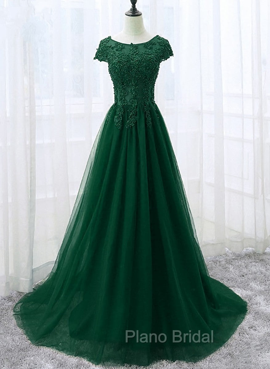 Elegant Cap Sleeve Lace Applique Tulle Party Dresses, Formal Prom Gowns