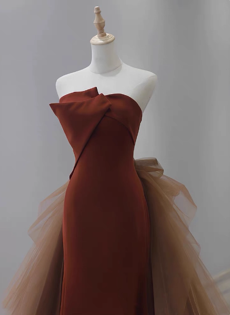 Elegant Caramel Brown Mermaid Strapless Tulle Satin Train Formal Prom Dresses Secondary image