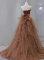 Elegant Caramel Brown Mermaid Strapless Tulle Satin Train Formal Prom Dresses