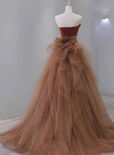 Elegant Caramel Brown Mermaid Strapless Tulle Satin Train Formal Prom Dresses