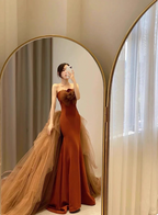 Elegant Caramel Brown Mermaid Strapless Tulle Satin Train Formal Prom Dresses