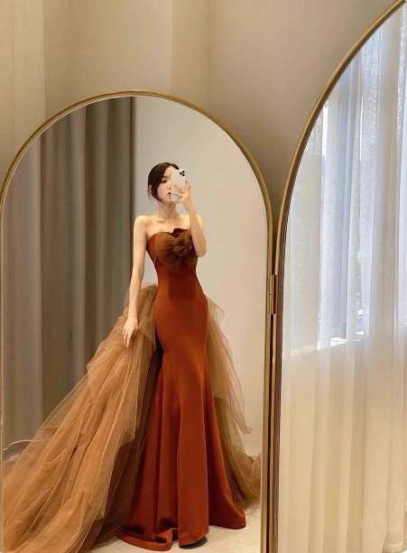 Elegant Caramel Brown Mermaid Strapless Tulle Satin Train Formal Prom Dresses