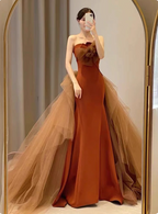 Elegant Caramel Brown Mermaid Strapless Tulle Satin Train Formal Prom Dresses