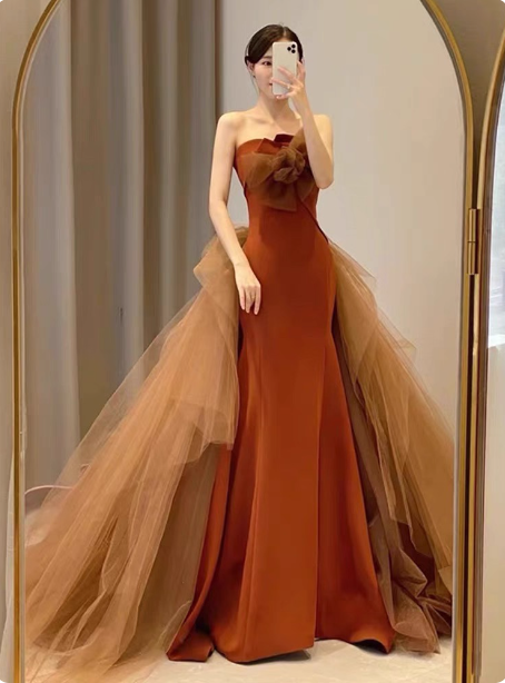 Elegant Caramel Brown Mermaid Strapless Tulle Satin Train Formal Prom Dresses