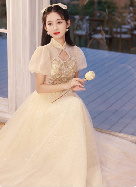 Elegant Champagne Apricot A-Line Puff Sleeve Embroidered Tulle Long Formal Prom Dresses Secondary image
