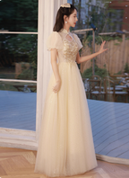 Elegant Champagne Apricot A-Line Puff Sleeve Embroidered Tulle Long Formal Prom Dresses