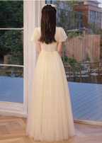 Elegant Champagne Apricot A-Line Puff Sleeve Embroidered Tulle Long Formal Prom Dresses