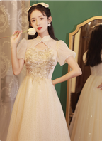 Elegant Champagne Apricot A-Line Puff Sleeve Embroidered Tulle Long Formal Prom Dresses