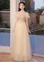 Elegant Champagne Apricot A-Line Puff Sleeve Embroidered Tulle Long Formal Prom Dresses