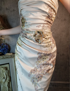 Elegant Champagne Fitted Spaghetti Strap Beaded Embroidered Satin Formal Prom Dresses